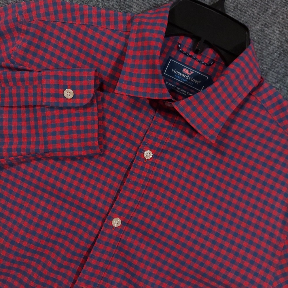 Vineyard Vines Shirt Mens‎ Medium Blue Red Checked Slim Fit Cooper Performance